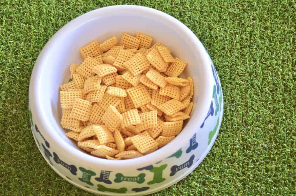 dog bowl of chex mix