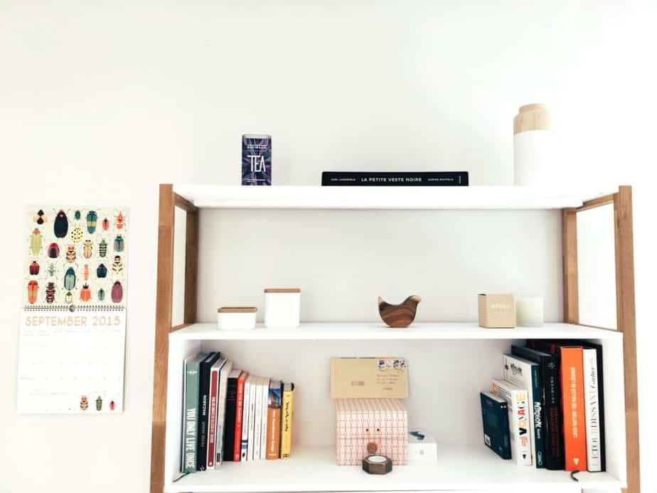 white shelves college dorm desk