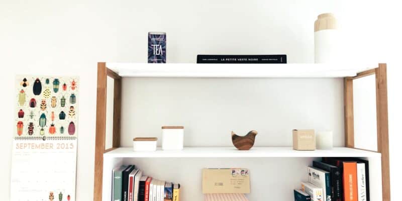 white shelves college dorm desk