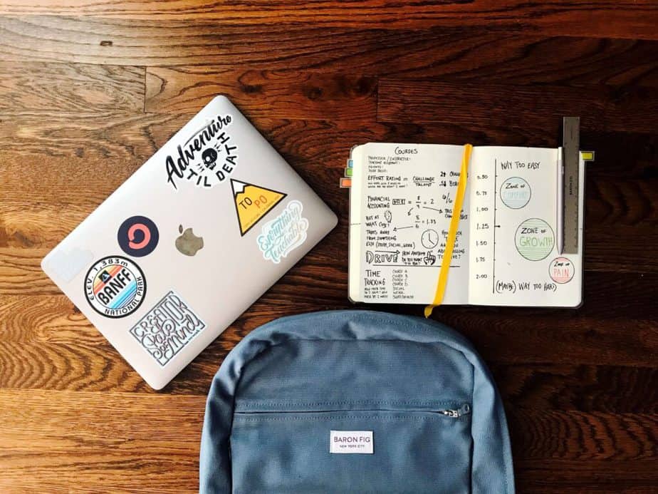 backpack and laptop on wood table