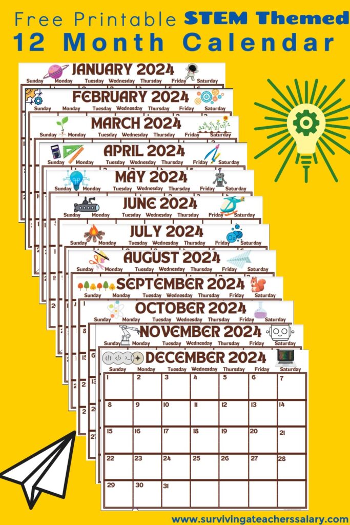 Free Simple STEM Printable 12 Month Calendar