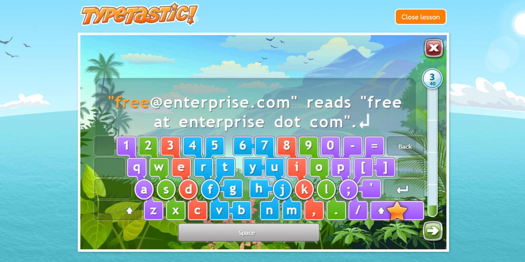 screenshot of TypeTastic's keyboarding curriculum lesson
